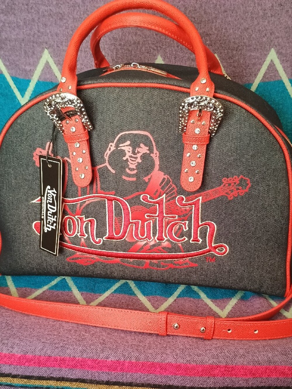 Von Dutch Red and Gray Embroidered Logo Satchel with Studded Buckles - Picture 3 of 12